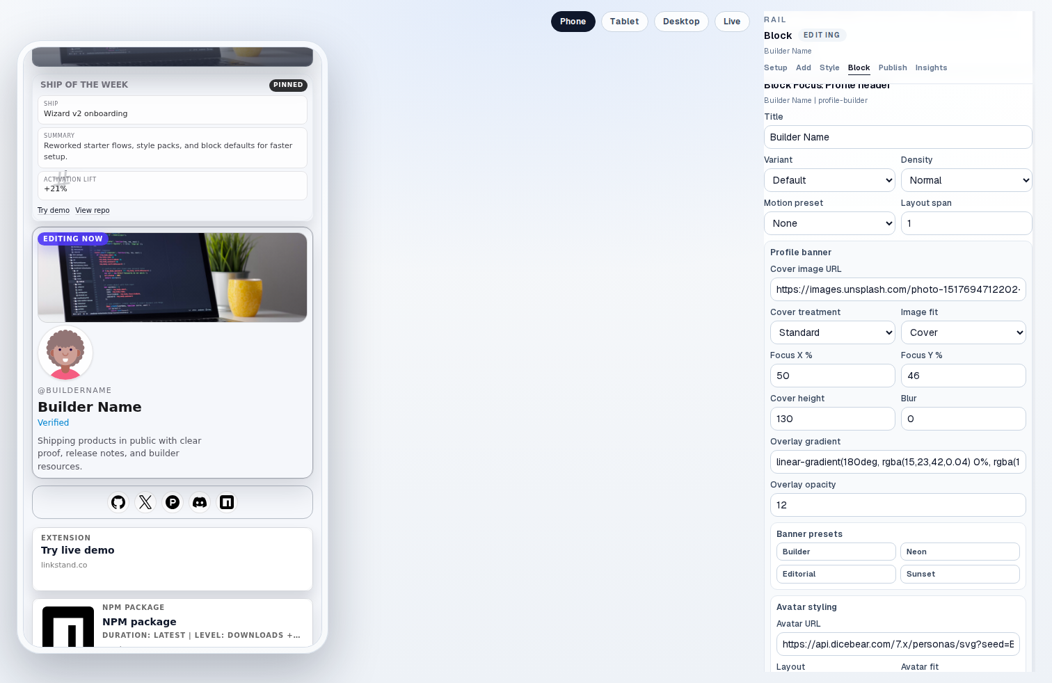 ReadmeBio canvas editor view